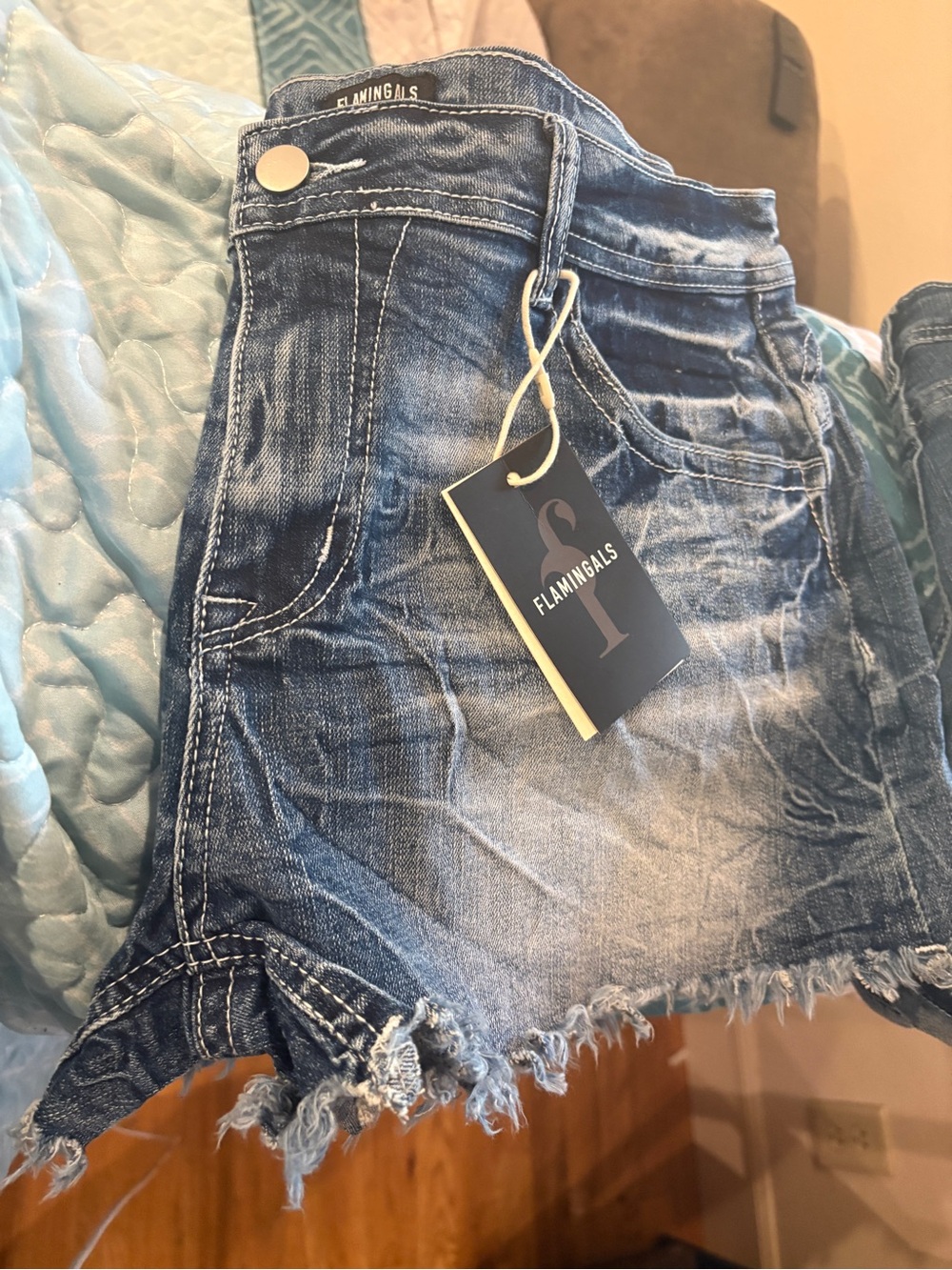 Women’s Blue Denim Jean Shorts with Embroidered Pocket - Picture 4 of 5